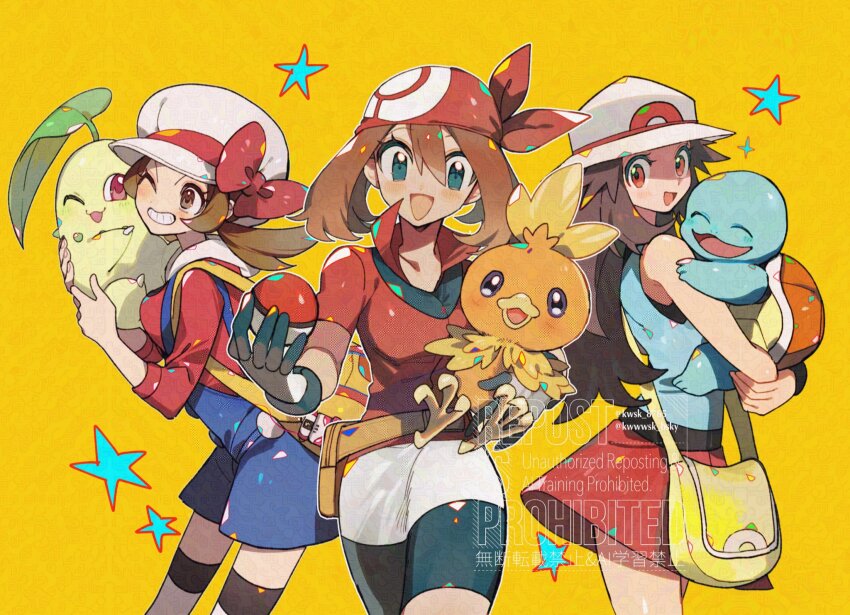 3girls bandana bike_shorts blue_eyes blue_overalls blue_shirt blush bow breasts brown_eyes brown_hair bucket_hat chikorita closed_eyes fanny_pack gen_1_pokemon gen_2_pokemon gen_3_pokemon gloves hat hat_bow highres holding kawasaki_(kwsk_8765) leaf_(pokemon) long_hair looking_at_viewer lyra_(pokemon) may_(pokemon) multiple_girls newsboy_cap nintendo one_eye_closed open_mouth overalls pokemon pokemon_(creature) pokemon_frlg pokemon_hgss pokemon_rse porkpie_hat red_bandana red_shirt red_skirt ribbon shirt short_hair shorts shorts_under_shorts skirt sleeveless sleeveless_shirt smile squirtle thighhighs torchic twintails white_hat wristband yellow_bag