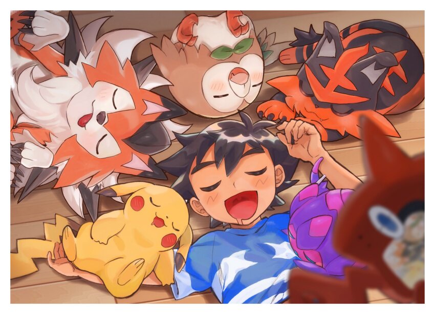 1boy :d abe_(kumayu) ash_ketchum black_hair blurry blurry_foreground blush border closed_eyes commentary_request gen_1_pokemon gen_4_pokemon gen_7_pokemon hands_up highres lycanroc lycanroc_(dusk) lying male_focus nintendo on_back open_mouth pikachu poipole pokemon pokemon_(anime) pokemon_(creature) pokemon_sm_(anime) rotom rotom_dex rowlet shirt short_hair short_sleeves sleeping smile striped_clothes striped_shirt t-shirt torracat ultra_beast white_border wooden_floor