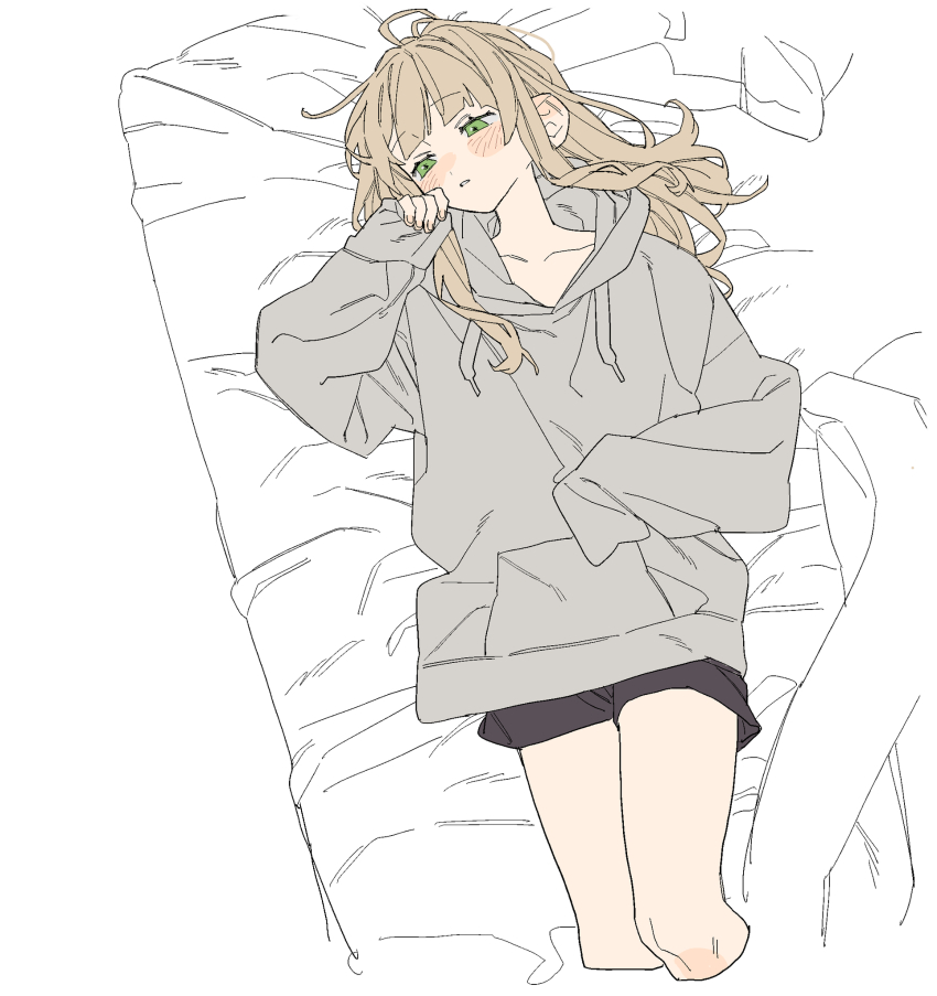 1girl bed_sheet black_shorts blonde_hair blush cropped_legs dayama drawstring expressionless flat_color green_eyes grey_hoodie hair_down highres hood hood_down hoodie kaburaki_roco long_hair long_sleeves looking_to_the_side loungewear lying monochrome_background nijisanji on_back on_bed parted_lips pocket short_shorts shorts single_sleeve_past_fingers single_sleeve_past_wrist solo thighs virtual_youtuber