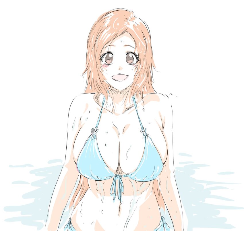 1girl bikini bleach blue_bikini breasts brown_eyes cleavage front-tie_bikini_top front-tie_top highres inoue_orihime large_breasts long_hair mitsugu navel open_mouth orange_hair solo swimsuit water wet wet_clothes wet_hair wet_swimsuit white_background