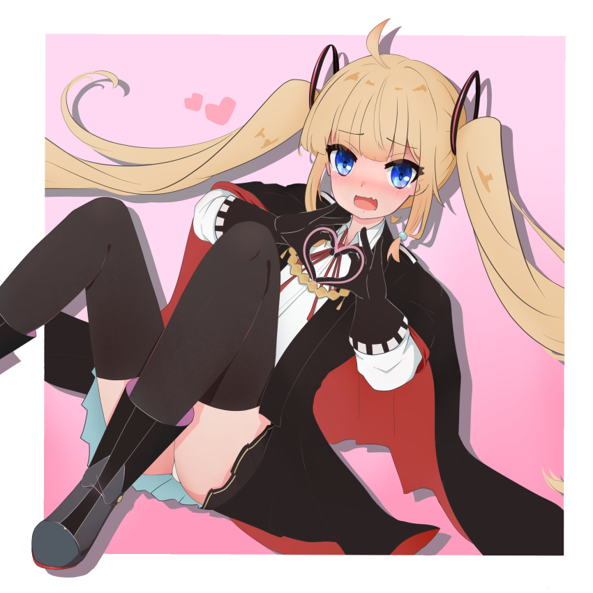 1girl absurdres ahoge amazon_(azur_lane) azur_lane black_cape black_gloves black_thighhighs blonde_hair blue_eyes blush border cape fang gloves hagulumant hands_up heart heart_hands highres long_hair looking_at_viewer open_mouth outside_border panties pantyshot pink_background simple_background skin_fang solo thighhighs twintails underwear white_border white_panties