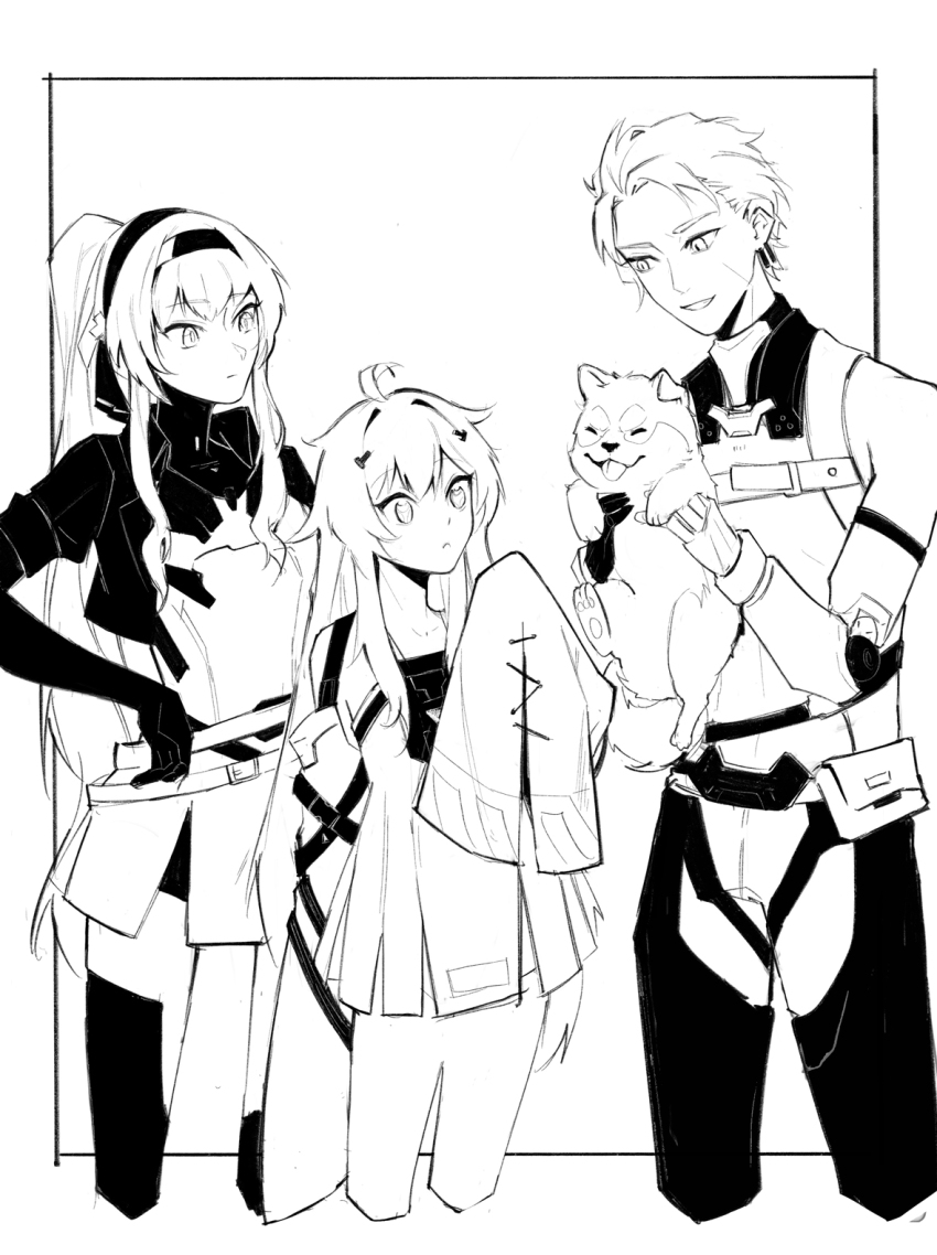 18_kawaki 1boy 2girls ahoge animal bare_shoulders belt bodysuit detached_sleeves dog facial_scar flat_chest hair_intakes hair_ribbon hairband highres holding holding_animal holding_dog long_hair mechanical_arms monochrome multiple_girls no._21:_xxi_(pgr) no._21_(pgr) noctis_(pgr) ponytail punishing:_gray_raven puppy ribbon scar scar_on_cheek scar_on_face short_hair sidelocks sleeves_past_fingers sleeves_past_wrists suspenders tongue tongue_out unkempt vera:_garnet_(pgr) vera_(pgr) very_long_hair