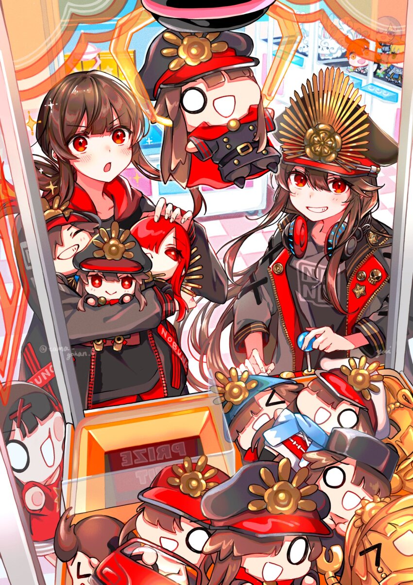 1boy 1girl alternate_costume arcade black_hair blush breasts chibi crane_game crest family_crest fate/grand_order fate_(series) hair_between_eyes hat headphones highres holding holding_stuffed_toy jacket japanese_clothes long_hair long_sleeves medium_breasts mini_nobu_(fate) oda_kippoushi_(fate) oda_nobukatsu_(fate) oda_nobunaga_(fate) oda_nobunaga_(maou_avenger)_(fate) oda_nobunaga_(swimsuit_berserker)_(fate) oda_uri peaked_cap red_eyes smile stuffed_toy yui_(tamagohan)