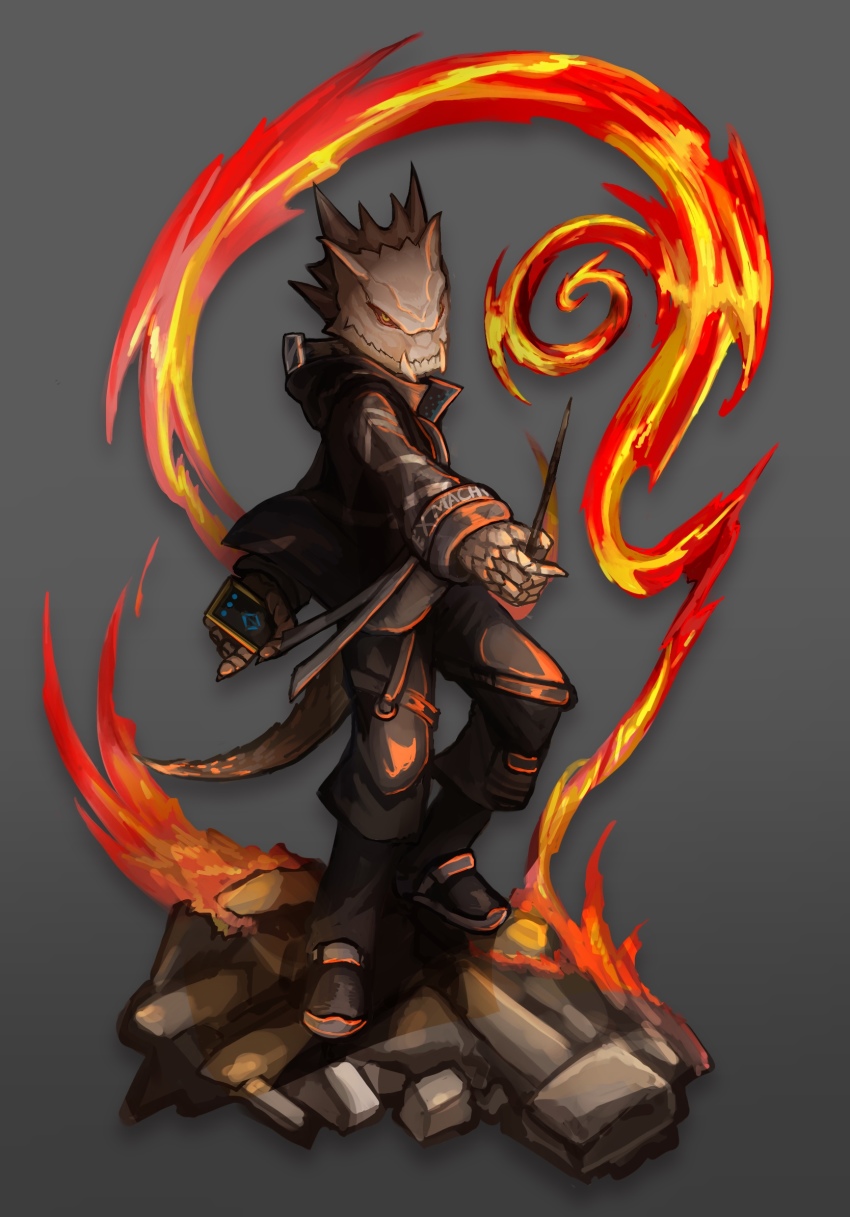 12f_(arknights) 1boy arknights black_jacket black_pants cellphone dido_(di_do_di_do) fire full_body grey_background highres holding holding_wand jacket lizard pants phone simple_background standing wand yellow_eyes