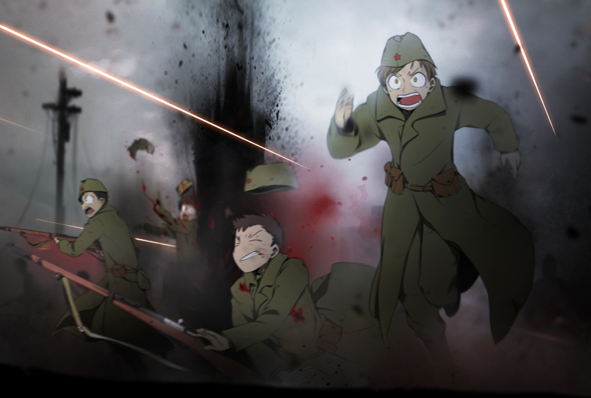 3boys 3others ammunition_pouch army battle belt belt_pouch blood blood_on_clothes blood_spray blurry bolt_action brown_belt brown_hair brown_pants charging_forward clenched_teeth closed_eyes coat commentary death depth_of_field dirt disembodied_hand dust english_commentary explosion falling feet_out_of_frame floating floating_object garrison_cap green_coat green_headwear green_pants grey_sky gun gun_sling gunshot_wound guro hat hat_ornament highres holding holding_gun holding_weapon long_sleeves looking_ahead military military_hat military_uniform mosin-nagant mrxinom multiple_boys multiple_others open_mouth original outdoors pants peril pouch power_lines projectile_trail red_star rifle running short_hair sky soldier soviet soviet_army standing star_(symbol) star_hat_ornament surprised swept_bangs teeth under_fire unworn_headwear utility_pole very_short_hair war weapon wide-eyed world_war_ii yellow_eyes