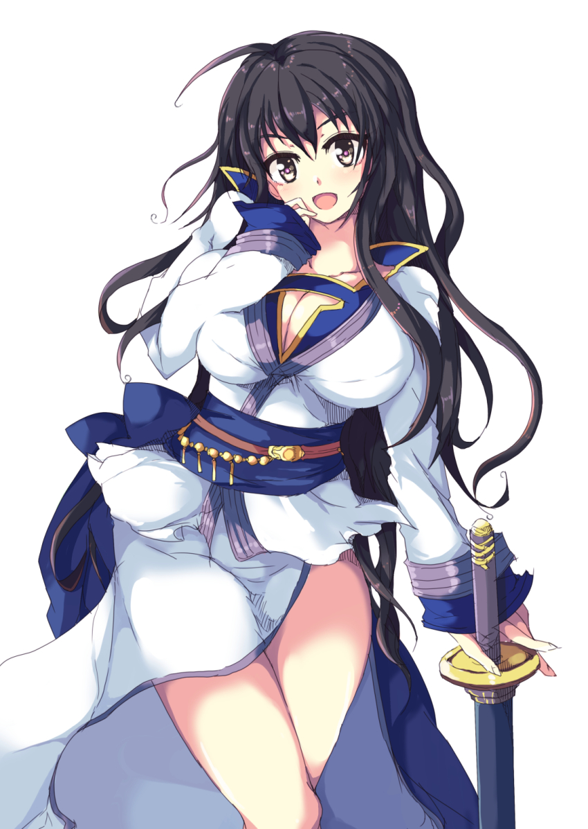 1girl bad_id bad_pixiv_id black_hair breasts cleavage echizen_(hvcv) female_focus fire_emblem fire_emblem:_the_blazing_blade highres holding holding_sword holding_weapon karla_(fire_emblem) katana large_breasts long_hair long_sleeves nintendo ponytail sash solo sword weapon white_background