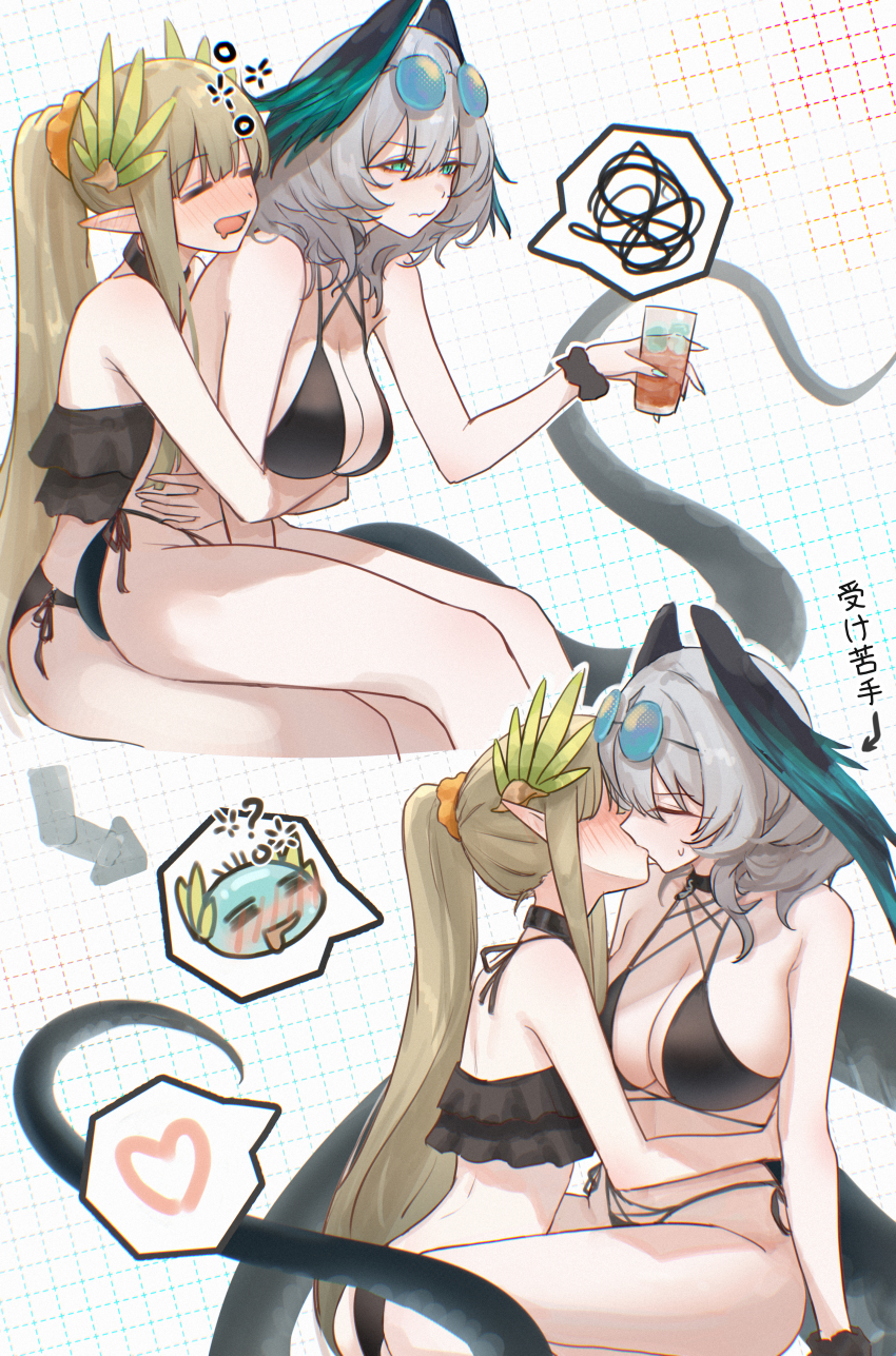 2girls absurdres aqua_eyes arknights bare_arms bare_shoulders bikini black_bikini blue-tinted_eyewear blush breasts c113oreo closed_mouth commentary_request cup drunk eyewear_on_head green_hair grey_hair grid_background heart highres ho&#039;olheyak_(arknights) holding holding_cup hug hug_from_behind kiss long_hair muelsyse_(arknights) multiple_girls open_mouth pointy_ears ponytail side-tie_bikini_bottom sitting sitting_on_lap sitting_on_person smile snake_tail spoken_heart spoken_squiggle squeans squiggle sunglasses swimsuit tail tinted_eyewear translated yuri