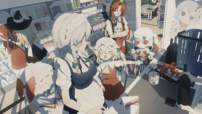 6+girls apron ascot black_dress black_hat black_ribbon blonde_hair blue_hair bottle bow braid brown_hair cake cake_slice candy character_doll child closed_eyes counter doll dress flandre_scarlet food fumo_(doll) green_dress green_hat grey_eyes grey_hair hair_between_eyes hair_bow hakurei_reimu hashtag-only_commentary hat hat_bow hat_ornament highres holding holding_doll holding_stuffed_toy hong_meiling indoors izayoi_sakuya kamishirasawa_keine kirisame_marisa knife_in_head konpaku_youmu long_hair looking_at_another maid_headdress medium_hair mob_cap multiple_girls neck_ribbon object_through_head open_mouth puffy_short_sleeves puffy_sleeves rcs_4 red_bow red_hair red_skirt red_vest remilia_scarlet ribbon shop shopping shopping_cart short_hair short_sleeves siblings side_braids skirt skirt_set smile standing star_(symbol) star_hat_ornament stuffed_toy touhou vest waist_apron white_apron white_hat wings witch_hat wrist_cuffs yellow_ascot