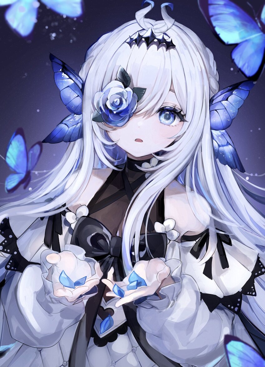 1girl antenna_hair black_bow blue_butterfly blue_eyes blue_flower blue_rose bow braid bug butterfly butterfly_wings commission detached_sleeves diamond_hairband dress flower flower_over_eye hair_between_eyes half_up_braid highres hoge_(n8sss) holding holding_petal insect insect_wings light_particles long_hair looking_at_viewer original parted_lips petals purple_background rose skeb_commission sleeveless sleeveless_dress solo upper_body white_dress white_flower white_hair wing_ears wings