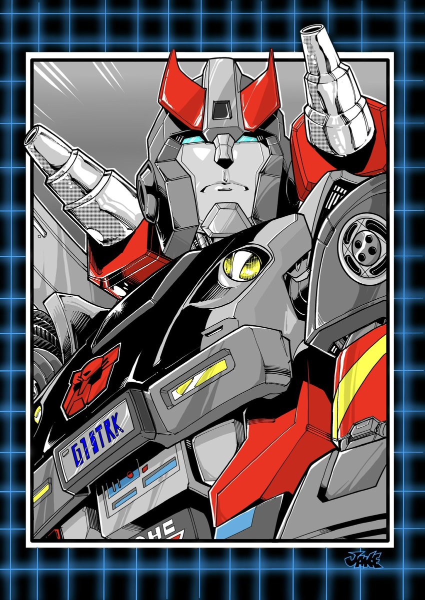 autobot blue_eyes bluestreak_(transformers) checkered_border commentary english_commentary frown highres inker-guy looking_up mecha no_humans robot science_fiction shoulder_cannon solo transformers v-fin western_comics_(style)