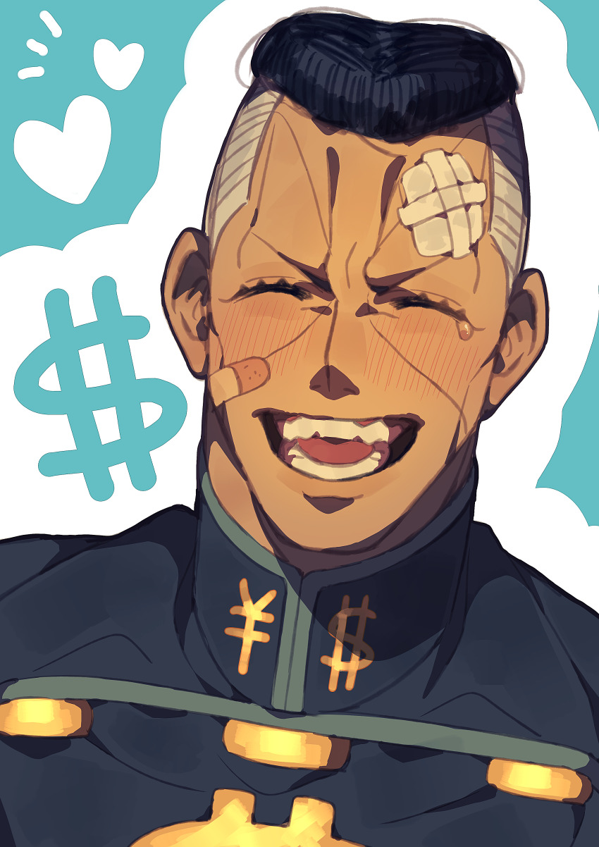 ^_^ absurdres bandage_on_face bandages bandai black_hair closed_eyes diamond_wa_kudakenai dollar_sign facial_mark gakuran grey_hair highres jojo_no_kimyou_na_bouken male_focus multicolored_hair nijimura_okuyasu open_mouth pompadour portrait school_uniform siniy smile teardrop two-tone_hair yen_sign