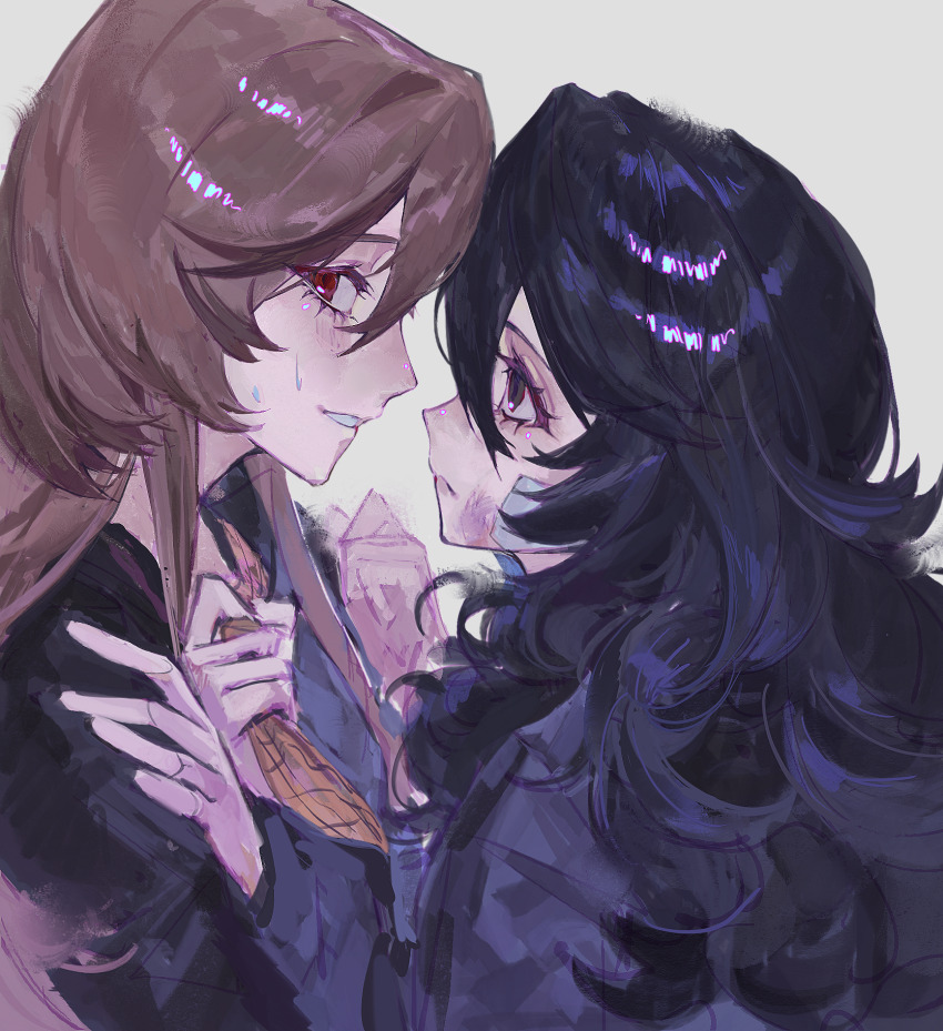 2girls akechi_gorou alariess amamiya_ren black_eyes black_hair black_jacket blush brown_hair brown_neckerchief bruise chinese_commentary closed_mouth clothes_grab commentary_request eyelashes genderswap genderswap_(mtf) grey_background height_difference highres injury jacket long_hair long_sleeves multiple_girls neckerchief neckerchief_grab persona persona_5 plaid_clothes plaid_neckerchief red_eyes simple_background smile sweat textless_version variant_set