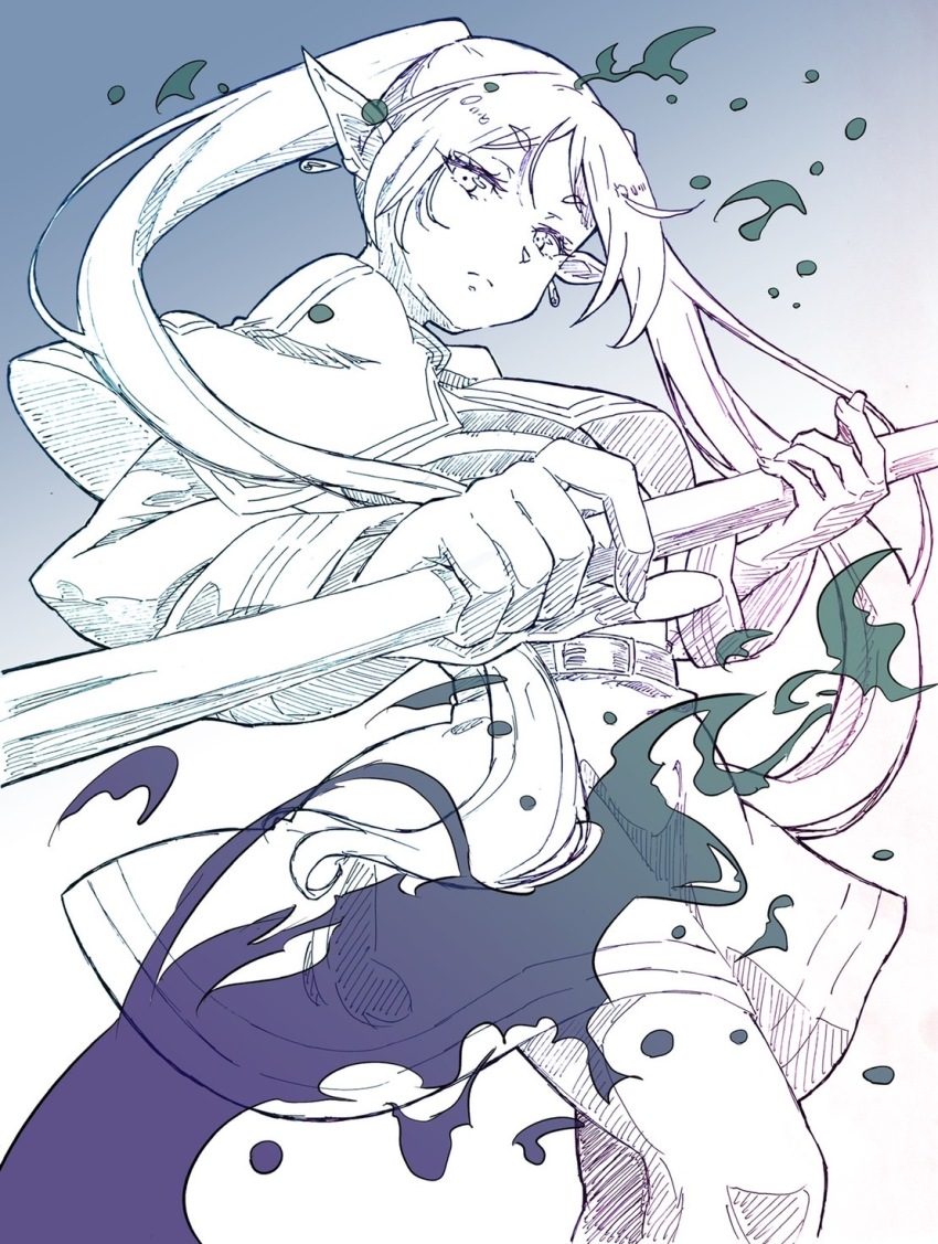 &gt;:( 1girl capelet closed_mouth commentary earrings elf feet_out_of_frame floating_clothes floating_hair frieren frown gradient_background hatching_(texture) highres holding holding_staff jewelry linear_hatching long_hair long_sleeves looking_at_viewer maruwo mixed_media monochrome parted_bangs partially_colored pointy_ears simple_background sketch solo sousou_no_frieren splashing staff traditional_media twintails v-shaped_eyebrows