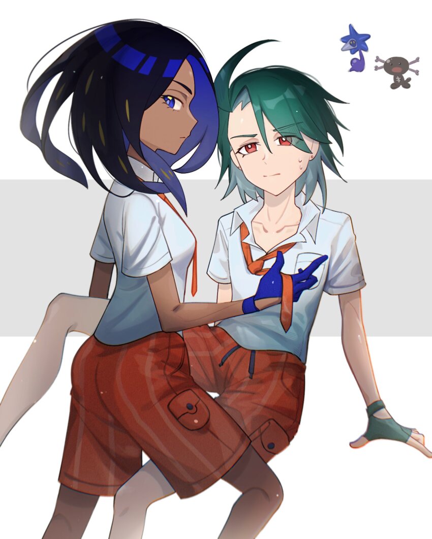 2girls aged_down ahoge black_hair blue_eyes breast_pocket breasts bright_pupils closed_mouth collared_shirt commentary_request dark-skinned_female dark_skin earrings fingerless_gloves flat_chest game_freak geeta_(pokemon) glimmet gloves green_hair highres jewelry loose_necktie molingxiang_chimangguo multiple_girls necktie nintendo orange_necktie orange_shorts paldean_wooper pocket pokemon pokemon_(creature) pokemon_sv red_eyes rika_(pokemon) school_uniform shirt short_sleeves shorts small_breasts sweat white_pupils white_shirt yuri