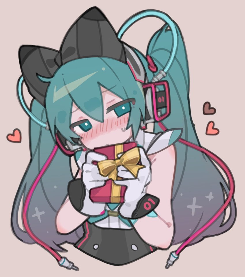 1girl aqua_eyes aqua_hair audio_jack black_bow blush bow bowtie box brown_background cable commentary cropped_torso embarrassed gift gift_box gloves hair_bow hatsune_miku headphones heart highres holding holding_box koutya_cat long_hair looking_at_viewer magical_mirai_(vocaloid) magical_mirai_miku magical_mirai_miku_(2016) ribbon sleeveless solo sweat twintails upper_body valentine vocaloid white_gloves yellow_bow yellow_bowtie yellow_ribbon