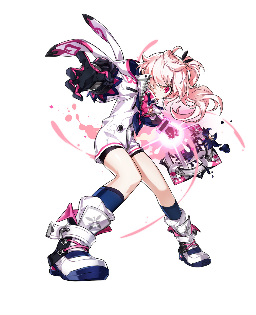 1girl :o absurdres ahoge artist_request black_bow black_flower black_gloves black_shoes black_shorts blue_socks bow bracelet cross-laced_shoes elsword fighting_stance floating floating_clothes floating_hair floating_object flower full_body gloves hair_bow hair_over_one_eye highres hood hood_down hooded_jacket jacket jewelry laby_(elsword) leaning_to_the_side leg_warmers long_hair long_sleeves loose_hair_strand magic mirror multicolored_shoes nisha_(elsword) official_art open_mouth partially_unzipped pink_eyes pink_hair pink_shirt puffy_long_sleeves puffy_sleeves rumble_pumn_(elsword) second-party_source shirt shoes shorts side_ponytail sneakers socks solo standing tachi-e transparent_background turtleneck turtleneck_shirt two-tone_shoes white_jacket white_leg_warmers white_shoes white_socks zipper
