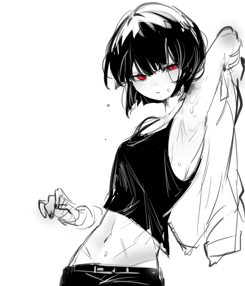 1girl absurdres arm_up armpits bandaged_hand bandages closed_mouth cowboy_shot greyscale groin highres light_blush limbus_company looking_at_viewer mesoold monochrome navel project_moon red_eyes ryoshu_(project_moon) short_hair simple_background solo spot_color sweat