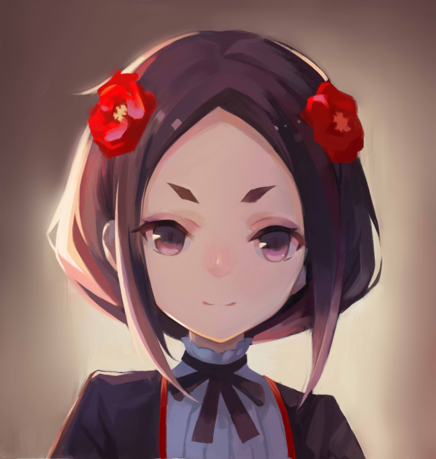 1girl absurdres black_hair black_ribbon closed_mouth female_focus flower hair_flower hair_ornament highres looking_at_viewer neck_ribbon parted_bangs pink_eyes princess_principal ribbon sc068 short_hair smile solo toudou_chise upper_body v-shaped_eyebrows