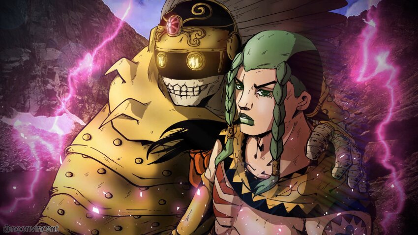 1boy 1other armband black_capelet black_hair braid capelet chest_tattoo compound_eyes cropped_torso feathers green_eyes green_hair green_lips highres hug in_a_silent_way_(stand) jojo_no_kimyou_na_bouken looking_at_viewer multicolored_capelet multicolored_hair noonvincent sandman_(sbr) stand_(jojo) steel_ball_run tattoo twin_braids two-tone_hair yellow_capelet yellow_eyes