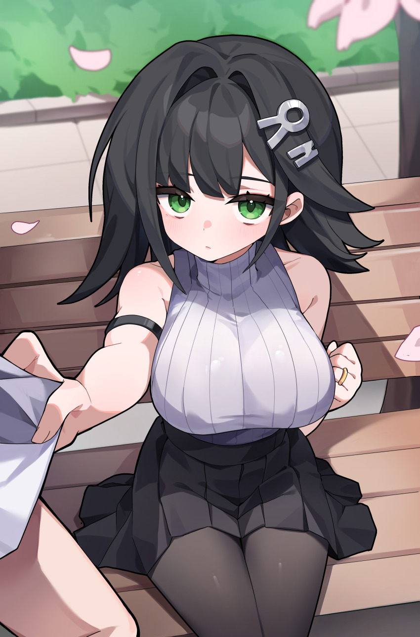 1girl abigail_(black_survival) absurdres alternate_costume arm_strap artist_request bare_shoulders bench black_hair black_skirt black_survival breasts brown_pantyhose closed_mouth commission eternal_return:_black_survival expressionless green_eyes hair_ornament hairclip highres jewelry large_breasts looking_at_viewer medium_hair miniskirt pantyhose park_bench pleated_skirt ribbed_shirt ring second-party_source shirt shirt_tucked_in sitting skirt sleeveless sleeveless_shirt solo wedding_ring white_shirt