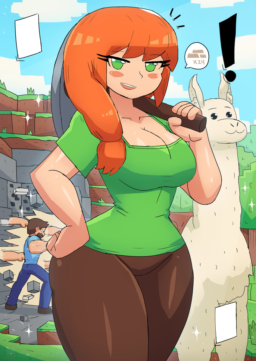 ! 1boy 1girl absurdres alex_(minecraft) animal beard block_(object) blue_pants blue_shirt blush breasts brown_hair brown_pants brown_shoes cleavage cloud collarbone cube facial_hair gold grass green_eyes green_shirt hand_on_own_hip highres holding large_breasts llama llama_(minecraft) long_hair looking_at_viewer minecraft open_mouth pants pickaxe ponytail punching red_hair rock shirt shoes short_hair short_sleeves side_ponytail silver sky smile sparkle speech_bubble spoken_gold standing steve_(minecraft) teeth thick_thighs thighs tony_welt tree wide_hips