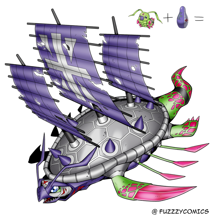 archelomon armor blue_eyes colored_skin digimental digimental_of_sincerity digimon digimon_(creature) fuzzzycomics green_skin highres oridigi original ship tail turtle watercraft wormmon