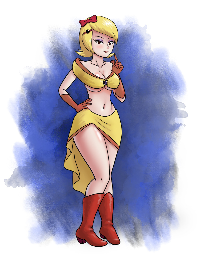 1girl absurdres bandai_namco blonde_hair boots breasts brown_eyes cleavage feet female_focus from_side full_body gloves hand_on_own_hip highres humanization large_breasts looking_at_another ms_pac-man namco orange_gloves pac-man ribbon saf-404 short_hair skirt solo_focus standing thighhighs yellow_skirt