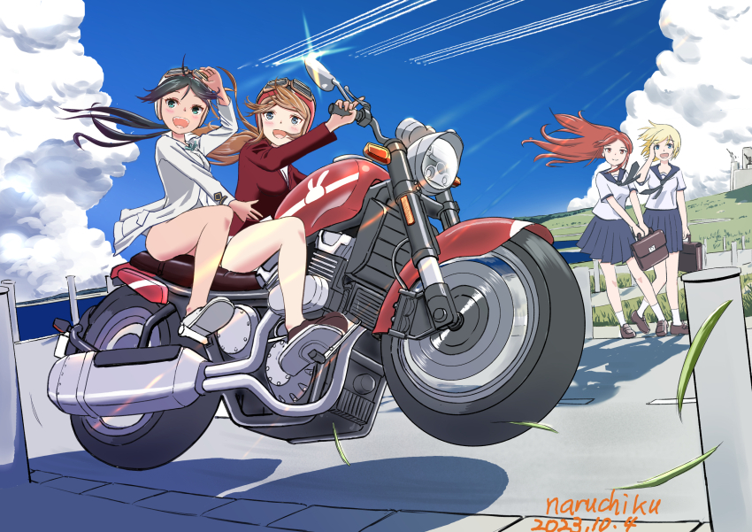 4girls alternate_costume bag black_hair blonde_hair blue_eyes blue_sky blush charlotte_e._yeager cloud cloudy_sky erica_hartmann francesca_lucchini goggles goggles_on_head green_eyes happy highres jacket long_hair looking_at_another military military_uniform minna-dietlinde_wilcke motor_vehicle motorcycle multiple_girls naruchisukisuki no_pants open_mouth orange_hair outdoors red_eyes red_hair red_jacket school_bag school_uniform shoes short_hair skirt sky strike_witches white_jacket white_skirt world_witches_series