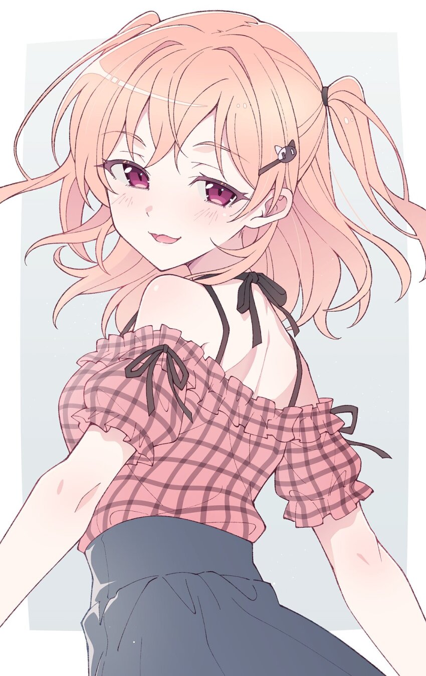 1girl :3 bang_dream! border brown_hair commentary e20 hair_ornament hairclip highres hiromachi_nanami long_hair looking_at_viewer off-shoulder_shirt off_shoulder open_mouth outside_border pink_shirt purple_eyes shirt short_sleeves solo two_side_up white_border