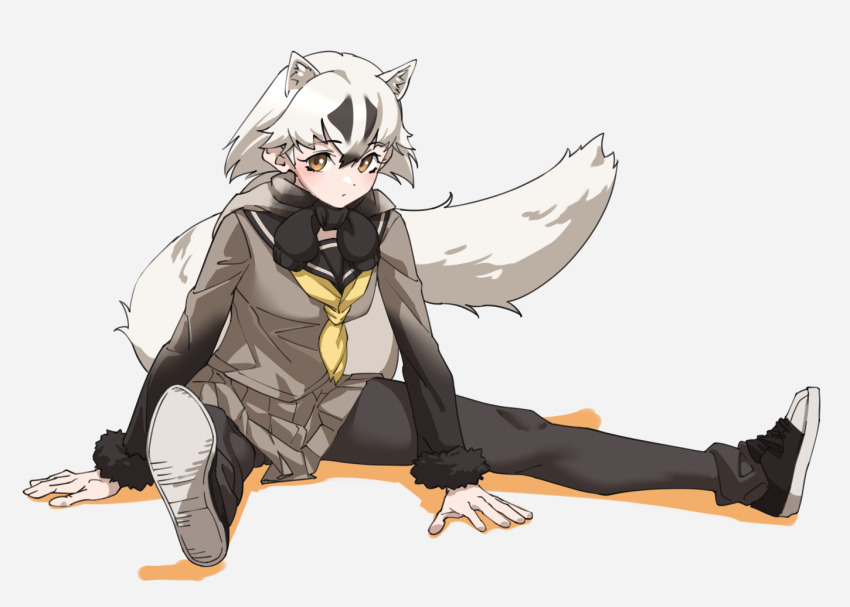 1girl animal_ear_fluff badger_ears badger_girl badger_tail black_fur black_hair black_pantyhose black_sailor_collar black_shoes blush commentary extra_ears full_body fur-trimmed_sleeves fur_trim gradient_sleeves grey_background grey_skirt japanese_badger_(kemono_friends) kemono_friends long_sleeves looking_at_viewer multicolored_hair neckerchief pantyhose pleated_skirt sailor_collar school_uniform serafuku shoe_soles shoes short_hair simple_background sitting skirt sneakers solo sweater_around_neck tanabe_(fueisei) two-tone_hair white_hair yellow_eyes yellow_neckerchief