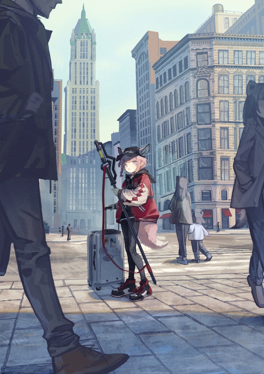 1girl absurdres animal_ears arknights building commentary fox_ears fox_girl fox_tail full_body highres holding jacket natsuba002 official_alternate_costume outdoors people rolling_suitcase standing suitcase sussurro_(arknights) sussurro_(travel_freely)_(arknights) tail