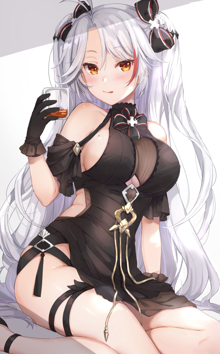 1girl :q alcohol antenna_hair azur_lane bare_shoulders black_bow black_dress black_gloves blush bow breasts brown_eyes cleavage closed_mouth clothing_cutout commentary_request cross cup dress drink drinking_glass female_focus gloves hair_between_eyes hair_bow hair_ornament hand_up highres holding holding_cup ice ice_cube iron_cross kon_(k0n16) large_breasts long_hair looking_at_viewer medium_breasts mole mole_on_breast multicolored_hair parted_bangs prinz_eugen_(azur_lane) prinz_eugen_(cordial_cornflower)_(azur_lane) red_hair silver_hair sitting sleeveless sleeveless_dress smile solo streaked_hair striped_bow thighs tongue tongue_out two_side_up underboob_cutout very_long_hair yokozuwari
