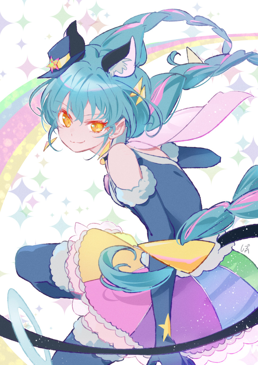 1girl absurdres animal_ears blue_gloves blue_hair braid cat_ears cat_girl commentary_request cure_cosmo earrings elbow_gloves extra_ears fur-trimmed_gloves fur_trim gloves hat highres jewelry long_hair magical_girl mini_hat mini_top_hat multicolored_hair precure rainbow_skirt shipu_(gassyumaron) smile solo star_twinkle_precure streaked_hair tail tail_ornament tail_ring top_hat triangle_earrings twin_braids yellow_eyes yuni_(precure)