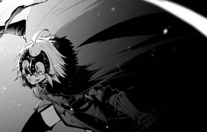 1girl absurdres ahoge cape chain fate/grand_order fate_(series) female_focus fur-trimmed_cape fur_trim gauntlets glowing glowing_eye greyscale grin highres holding holding_sword holding_weapon jeanne_d&#039;arc_(fate) jeanne_d&#039;arc_alter_(avenger)_(fate) jeanne_d&#039;arc_alter_(fate) monochrome smile solo sword thighhighs tsukamoto_minori weapon