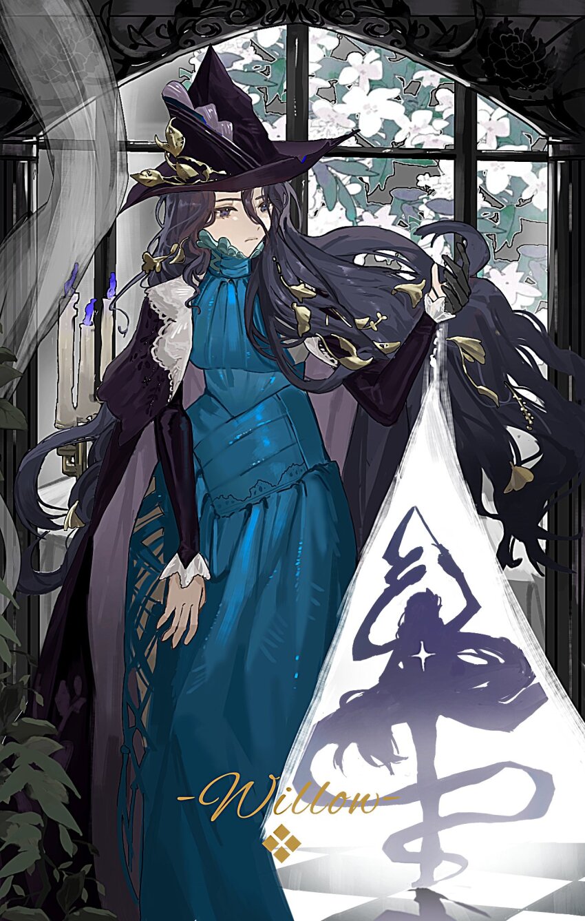 1girl black_coat black_gloves black_hair black_hat blue_dress blue_eyes character_name coat dress feet_out_of_frame gloves hair_between_eyes hand_up hat highres indoors long_dress long_hair long_sleeves looking_to_the_side partially_fingerless_gloves reverse:1999 silhouette single_glove solo very_long_hair willow_(reverse:1999) window witch_hat zzzzzz