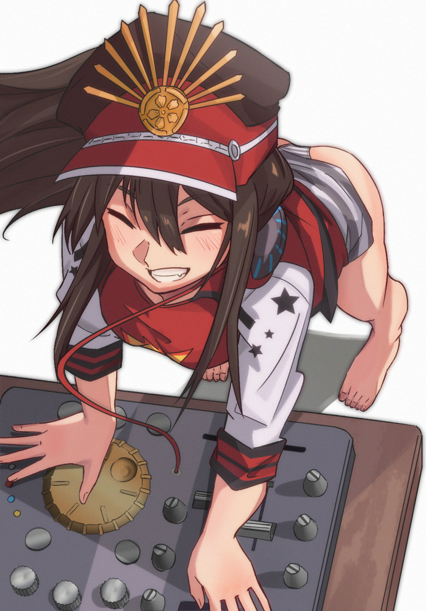 1girl arm_support ass barefoot bikini breasts brown_hair closed_eyes dj dress dress_flip fate/grand_order fate_(series) from_above grin hair_between_eyes hat headphones highres jacket leaning_forward long_hair long_sleeves ludwigtk medium_breasts mixing_console oda_nobunaga_(fate) oda_nobunaga_(swimsuit_berserker)_(fate) oda_nobunaga_(swimsuit_berserker)_(first_ascension)_(fate) peaked_cap red_jacket red_shirt shirt short_dress smile solo standing striped_bikini striped_clothes swimsuit swimsuit_under_clothes very_long_hair