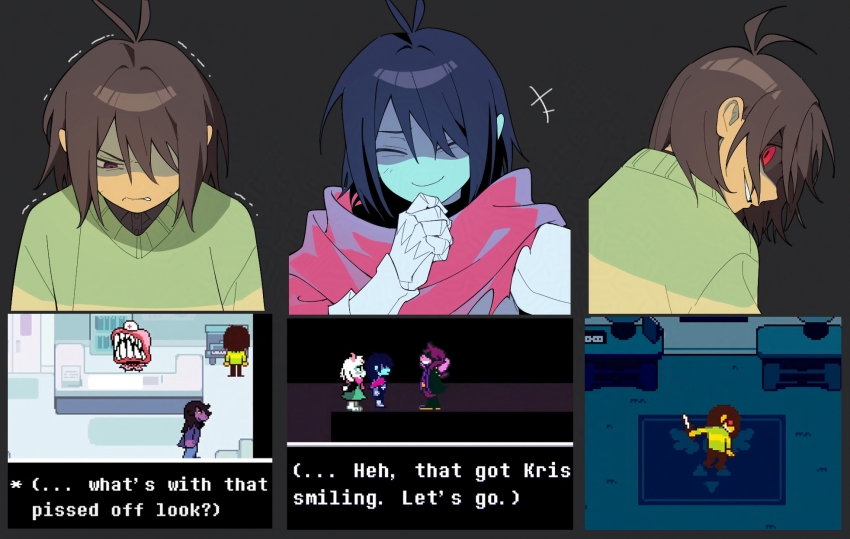 1other androgynous antenna_hair black_background blue_hair blue_skin brown_hair closed_eyes colored_skin deltarune frown green_sweater highres kris_(deltarune) multiple_expressions multiple_views red_eyes reference_inset sanbel780308 screenshot_inset short_hair sweater trembling upper_body
