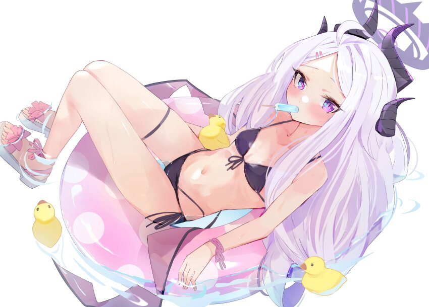1girl absurdres bare_arms bare_legs bare_shoulders bikini black_bikini blue_archive blush breasts food food_in_mouth forehead full_body highres hina_(blue_archive) innertube loli long_hair looking_at_viewer mouth_hold navel popsicle popsicle_in_mouth purple_eyes purple_hair simple_background small_breasts solo stomach swim_ring swimsuit thighs ura_ra1800 very_long_hair white_background