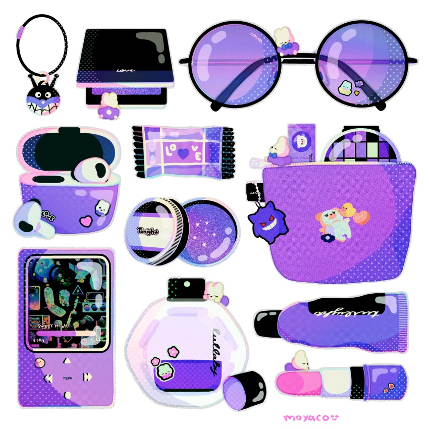 airpods artist_name bottle cellphone cellphone_charm charm_(object) commentary compact_(cosmetics) cosmetics creature earbuds earbuds_charging_case earphones english_commentary english_text flower food_wrapper gen_1_pokemon gengar heart highres lipstick_tube moyaco no_humans original perfume_(cosmetics) perfume_bottle phone pouch purple_theme rubber_duck signature simple_background smartphone solid_circle_eyes solid_eyes squeeze_tube sunglasses white_background wireless_earphones