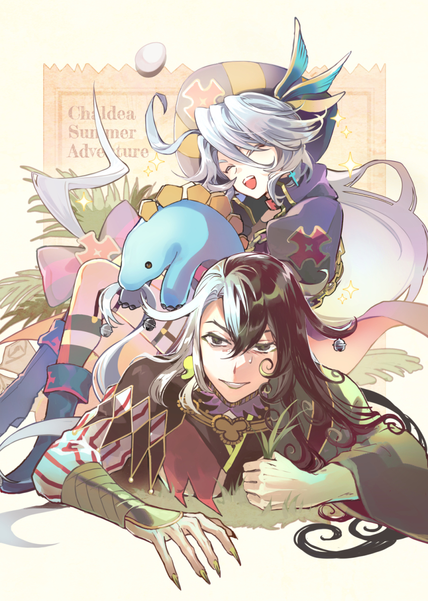 2boys ahoge argyle_clothes argyle_cutout ashiya_douman_(fate) bell black_eyes black_footwear black_hair black_socks boots bow chain christopher-kun_(fate) christopher_columbus_(fate) closed_eyes clothing_cutout cross dinosaur earrings egg english_text fate/grand_order fate_(series) fingernails gold_chain grass green_nails grey_hair hair_bell hair_between_eyes hair_bow hair_ornament hat highres holding_grass huge_ahoge jacket jewelry jingle_bell knee_boots kneehighs long_hair long_sleeves looking_at_viewer lying magatama magatama_earrings male_focus multicolored_hair multiple_boys nail_polish on_stomach open_mouth pirate_hat plant poppoman puffy_short_sleeves puffy_sleeves purple_bow purple_headwear purple_jacket short_sleeves single_wide_sleeve sitting sitting_on_person smile socks star_(symbol) ste-kun_(fate) stegosaurus striped_clothes striped_socks teeth thigh_strap two-tone_hair two-tone_headwear two-tone_socks upper_teeth_only vambraces very_long_hair white_hair white_socks yellow_headwear