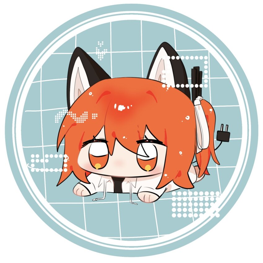 1girl a.i._voice adachi_rei animal_ears cable cable_tail cat_ears chibi chibi_only electric_plug electric_plug_tail highres jacket lying mechanical_tail on_stomach one_side_up open_clothes open_jacket orange_eyes orange_hair solo sorame_(moth_1181) tail utau white_jacket