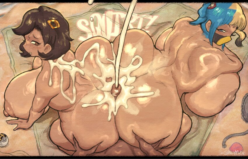 2girls ass black_hair blue_hair breasts buttjob canari_(pokemon) cum dark-skinned_female dark_skin emma_(pokemon) grabbing_another&#039;s_ass groping highres huge_ass huge_breasts mask medium_hair multiple_girls nintendo nipples nude penis poke_ball pokemon pokemon_legends:_z-a short_hair spicyfuse twintails ultra_ball