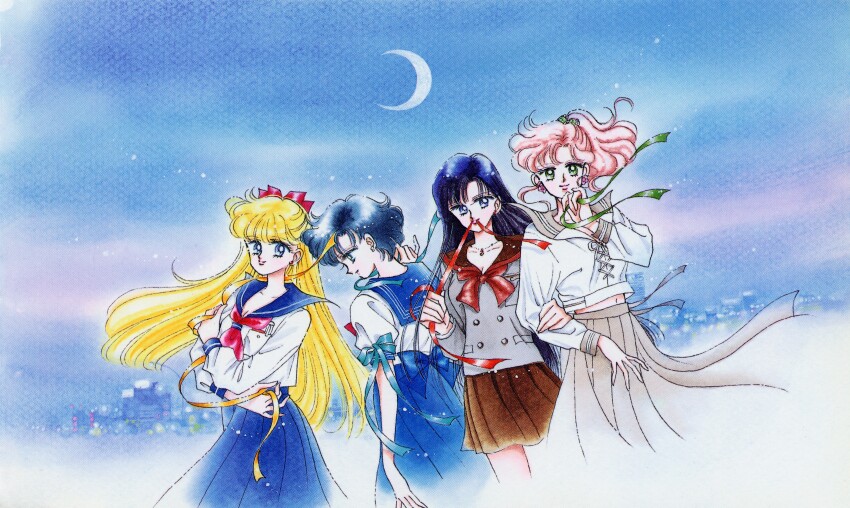 1990s_(style) 4girls absurdres artbook bishoujo_senshi_sailor_moon black_hair blonde_hair blue_background blue_eyes blue_hair blue_ribbon blue_sailor_collar blue_skirt blue_sky bow brown_sailor_collar brown_skirt closed_mouth crescent_moon crossed_arms green_eyes green_ribbon group_picture hair_bow hand_up highres holding jewelry juuban_middle_school_uniform kino_makoto kino_makoto&#039;s_school_uniform lips locked_arms long_hair long_skirt looking_at_viewer midriff_peek mizuno_ami moon mouth_hold multiple_girls navel necklace night official_alternate_hair_color official_art orange_ribbon pale_skin pink_hair pink_lips pleated_skirt ponytail red_bow red_ribbon retro_artstyle ribbon ribbon_in_mouth sailor sailor_collar scan school_uniform shiba_koen_middle_school_uniform short_hair skirt sky smile straight_hair ta_girls_school_uniform takeuchi_naoko