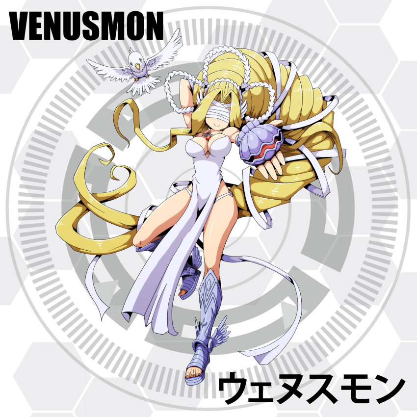 1girl armor blindfold digimon digimon_(creature) highres hotan_(digimon) mask olive_(digimon) venusmon wings