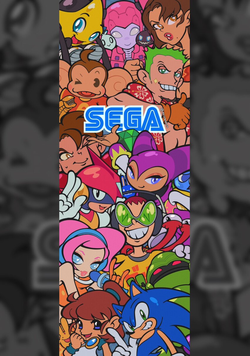 4girls 6+boys ahoge aiai_(super_monkey_ball) alien alien_(series) arle_nadja axel_(crazy_taxi) beat_(jsr) blaze_fielding carbuncle_(puyopuyo) chaos_emerald chaos_online character_request copyright_request crazy_taxi dark_chao feel_the_magic green_hair grin gunstar_heroes gunstar_red hero_chao highres holding holding_microphone jet_set_radio joints logo looking_at_viewer microphone mole mole_under_mouth multiple_boys multiple_girls nights_(character) nights_into_dreams one_eye_closed pajaronaa pulseman pulseman_(character) puyo_(puyopuyo) puyopuyo rabbit ristar ristar_the_shooting_star robot_joints sega slime_(substance) smile sonic_(series) sonic_the_hedgehog space_channel_5 sparkle streets_of_rage sunglasses super_monkey_ball sweatdrop toejam_&amp;_earl ulala vectorman xenomorph