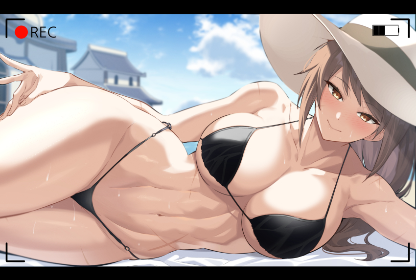 1girl bikini black_bikini blush breasts brown_hair character_request check_character cleavage closed_mouth dungeon_and_fighter female_fighter_(dungeon_and_fighter) female_striker_(dungeon_and_fighter) hat highres kook large_breasts large_hat long_hair looking_at_viewer lying navel on_side outdoors sideboob smile solo swimsuit underboob viewfinder yellow_eyes