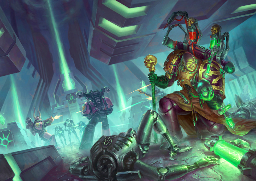 6+boys adeptus_astartes armor backpack bag balding battle bolter cane chaos_(warhammer) chaos_space_marine chaos_undivided_(symbol) commentary cyborg emperor&#039;s_children energy energy_beam energy_gun english_commentary evil_smile fabius_bile firing green_light holding holding_cane holding_skull holding_weapon horns jetpack leather_armor lie_setiawan male_focus multiple_boys necron pauldrons power_armor projectile_trail science_fiction shoulder_armor skull skull_ornament smile tomb warhammer_40k weapon