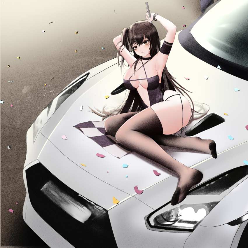 1girl absurdres armpits azur_lane black_thighhighs breasts brown_eyes brown_hair car cleavage closed_mouth feet flag full_body highres holding holding_flag kcar66t large_breasts legs long_hair looking_at_viewer lying motor_vehicle nissan nissan_gt-r no_shoes official_alternate_costume on_car on_side petals race_queen simple_background soles solo thighhighs thighs zuikaku_(azur_lane) zuikaku_(the_wind&#039;s_true_name)_(azur_lane)