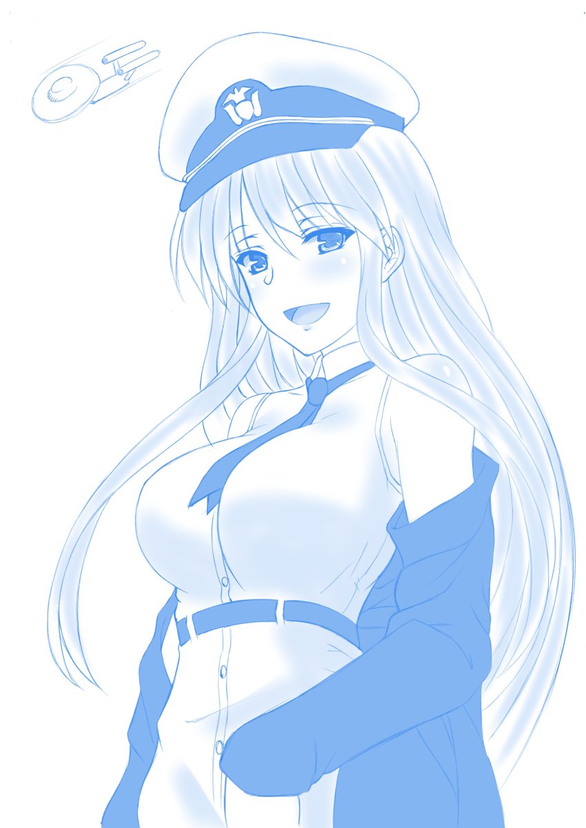 1girl absurdres azur_lane blue_theme breasts coat cowboy_shot enterprise_(azur_lane) gachishizyou hat highres large_breasts long_hair monochrome name_connection necktie open_clothes peaked_cap purple_eyes shirt silver_hair sleeveless smile star_trek uss_enterprise_(star_trek) uss_enterprise_ncc-1701 very_long_hair white_shirt