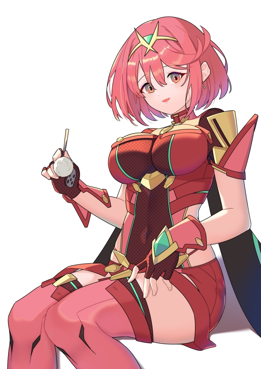 breasts chest_jewel core_crystal_(xenoblade) gem headpiece hehe_jun highres large_breasts pyra_(xenoblade) red_eyes red_hair red_shorts shorts swept_bangs tiara xenoblade_chronicles_(series) xenoblade_chronicles_2